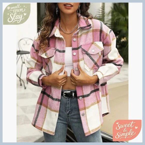 Long Sleeve Flannel Shacket Plaid Button Down Shirt Loose Fit - Picture 4 of 6